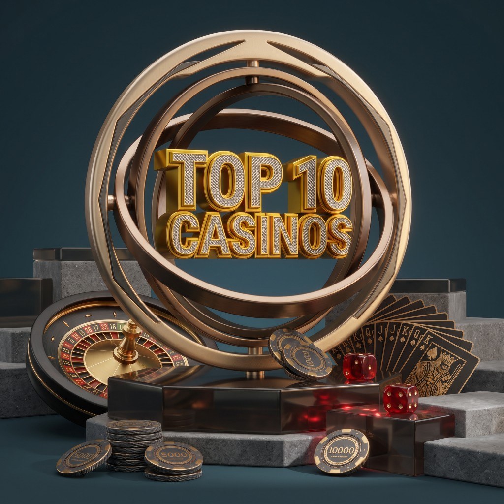 Top 10 casinos — gold rings, roulette wheel, chips, cards and dice